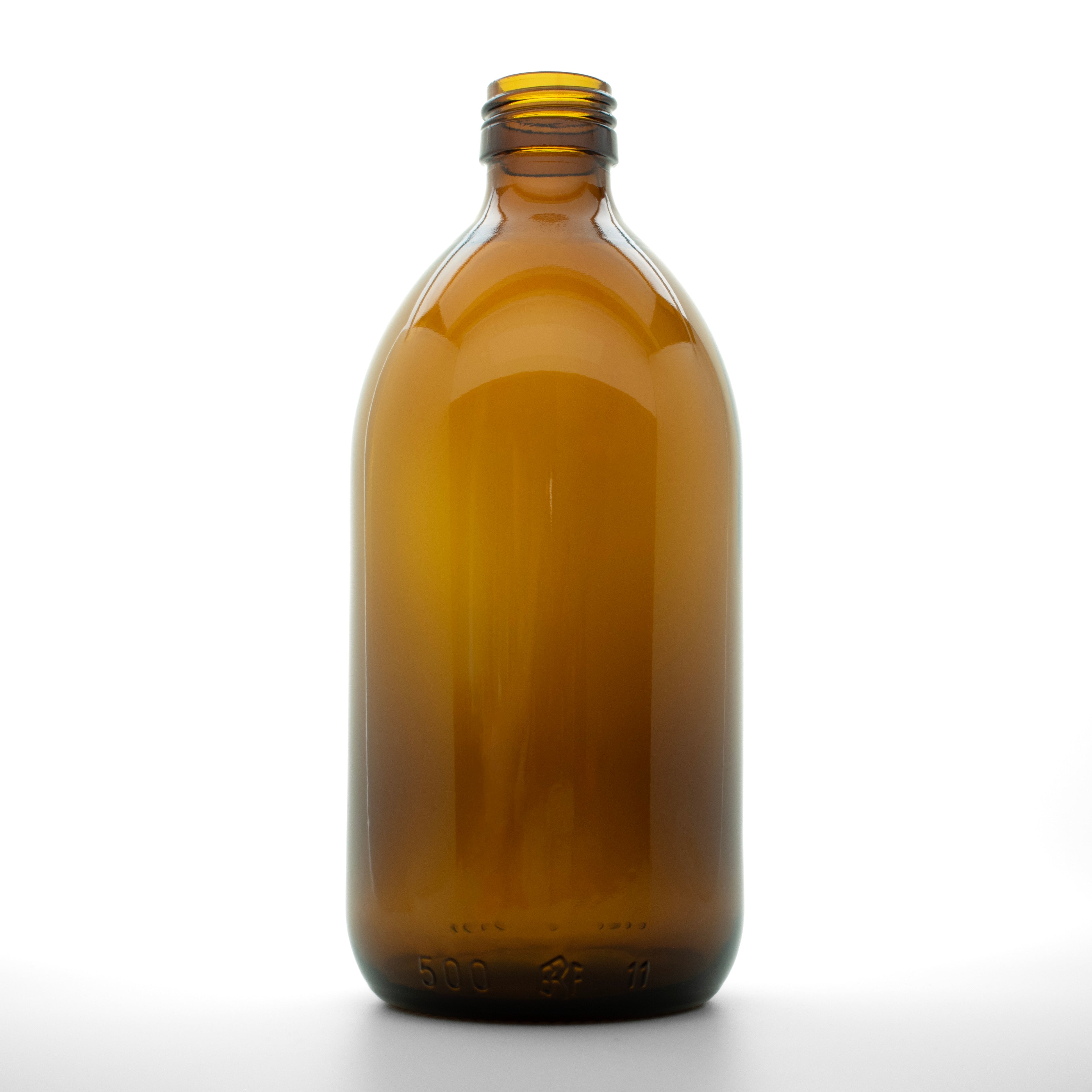 Amber glazen fles van 500 ml, zonder dop.