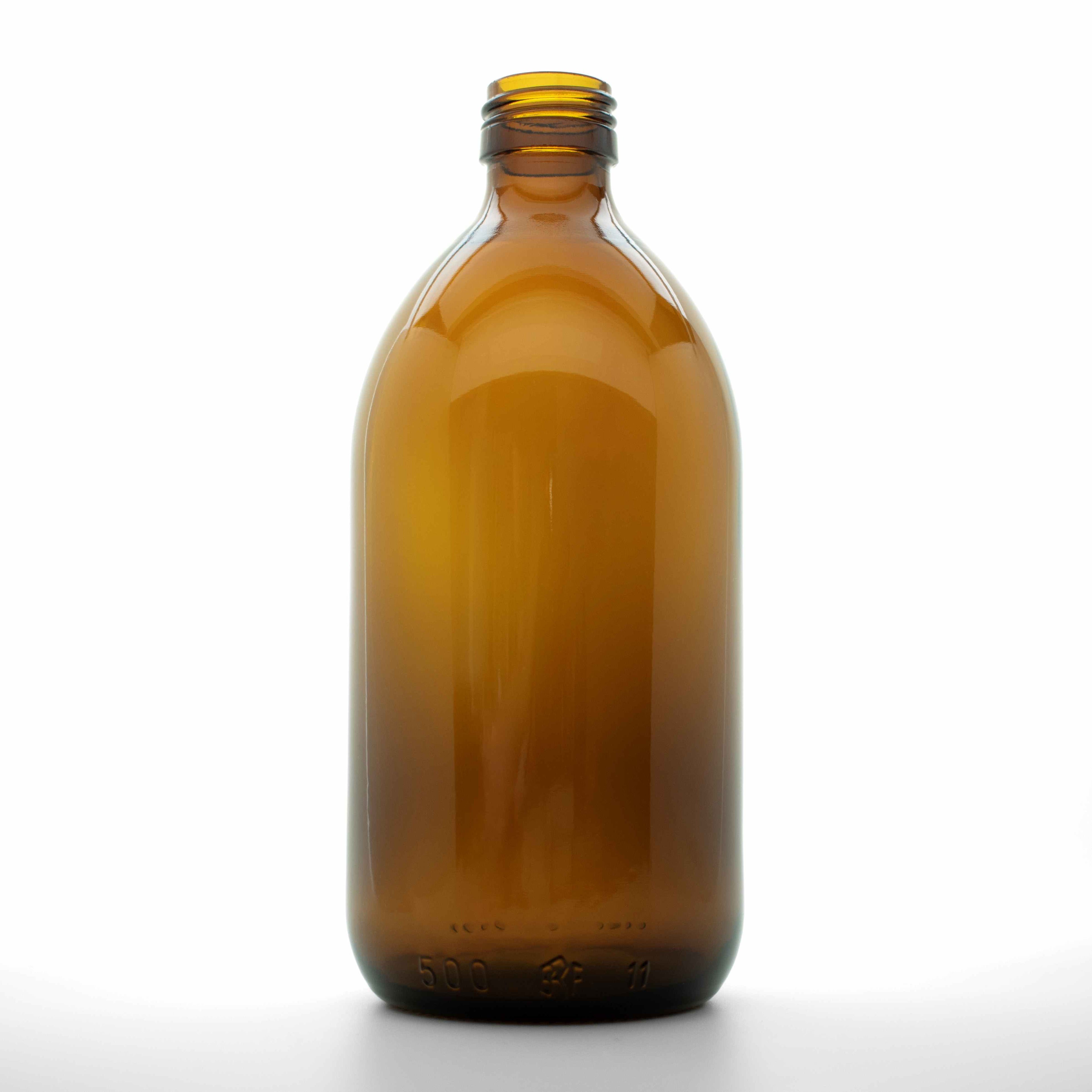 Amber glazen fles van 500 ml, zonder dop.