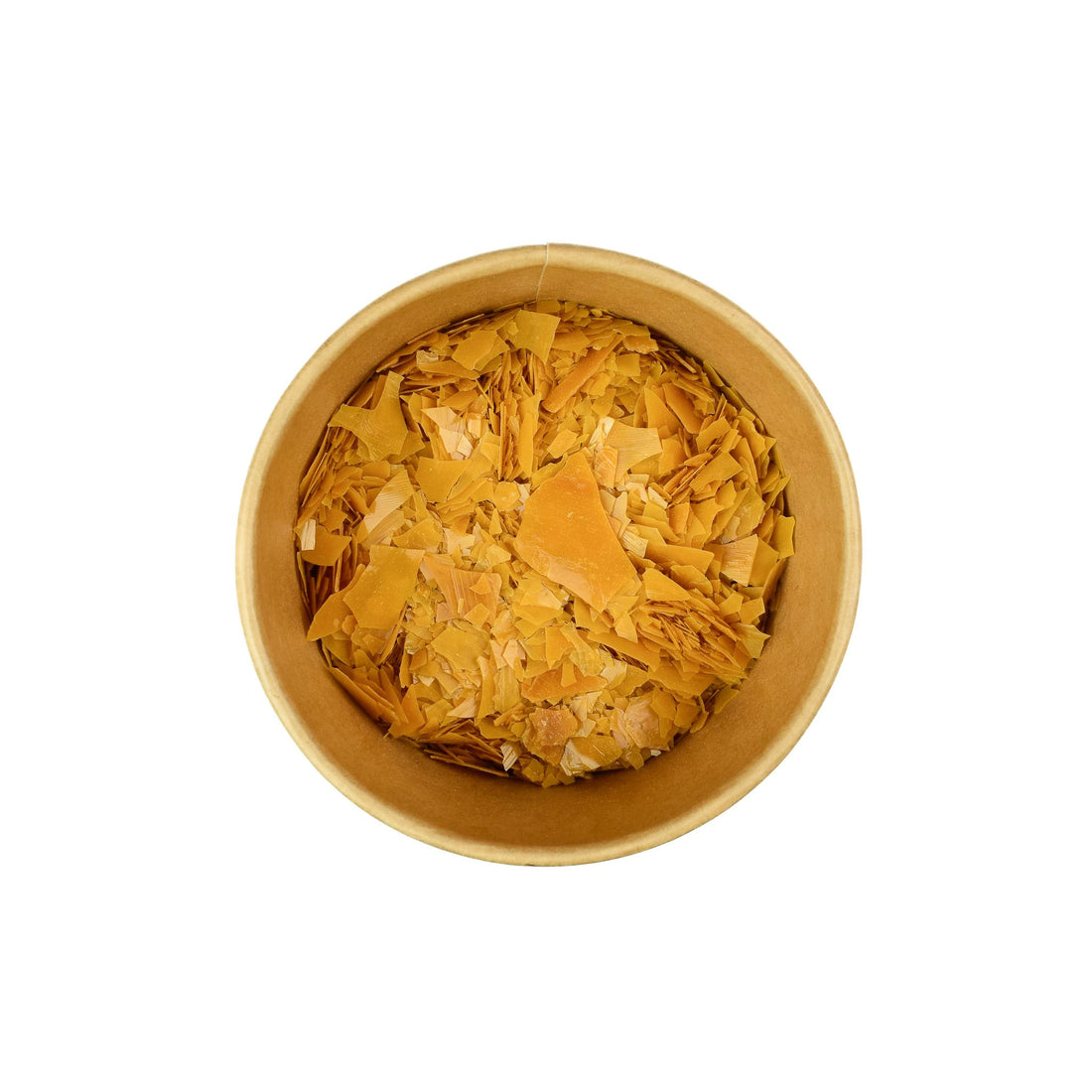 Gele Carnaubawas vlokken in kartonnen beker zonder deksel