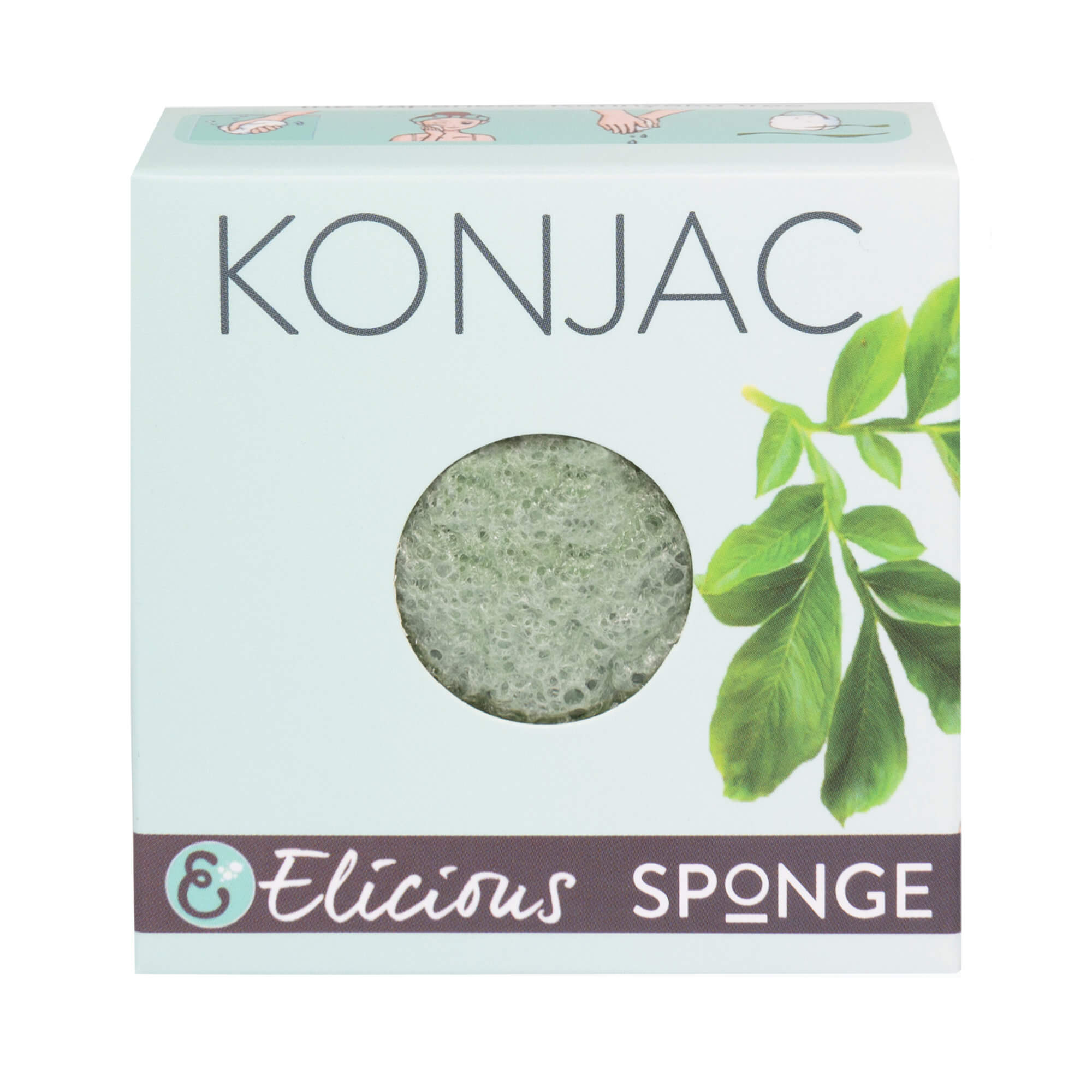 Licht groene konjac gezichtsspons van Elicious met Aloe vera in doosje.