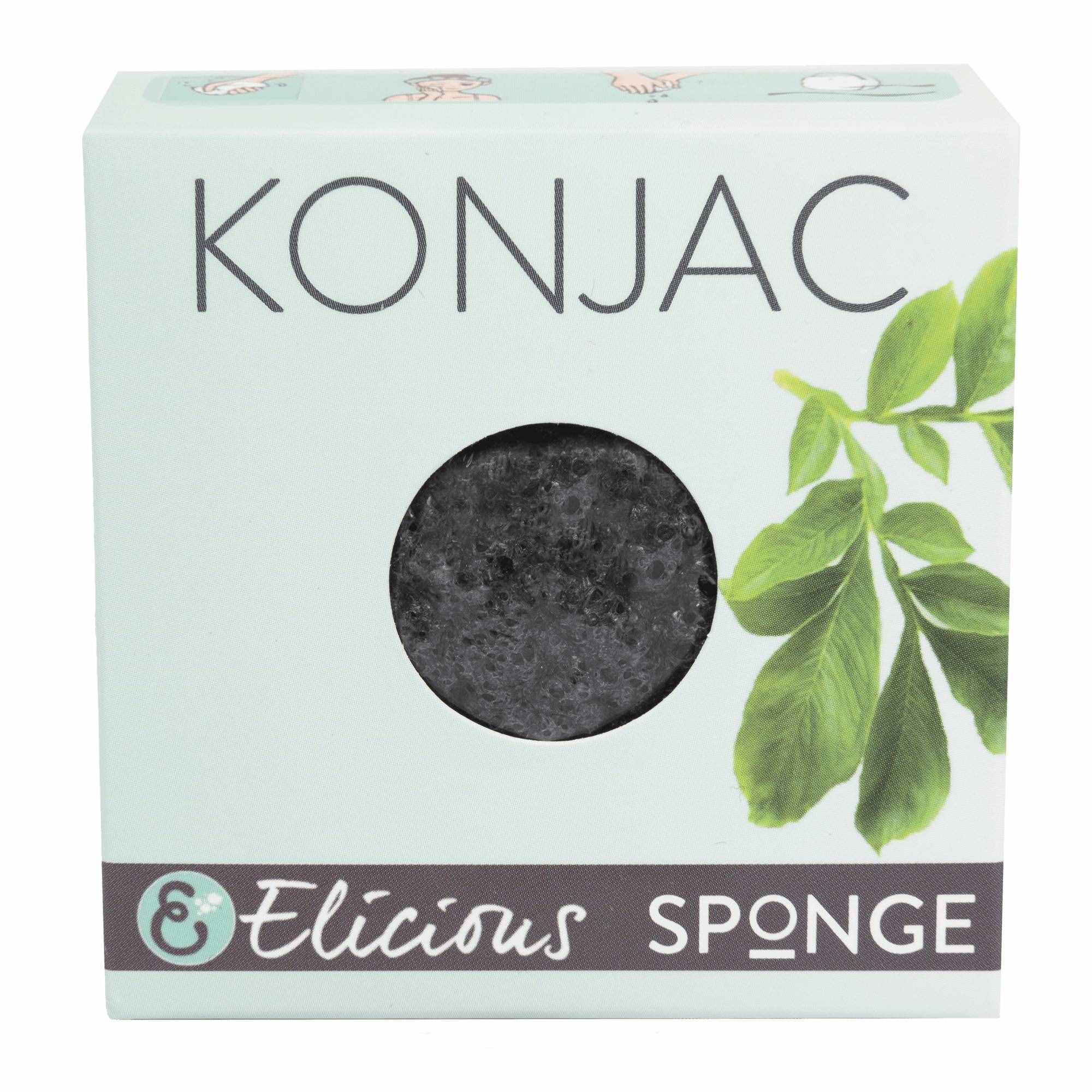 Grijze konjac gezichtsspons van Elicious met charcoal in doosje.