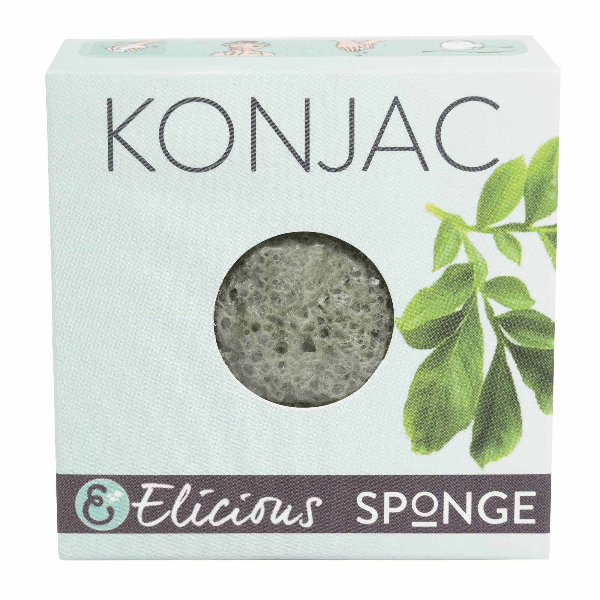 Konjac gezichtsspons groen van Elicious met groene thee in doosje.