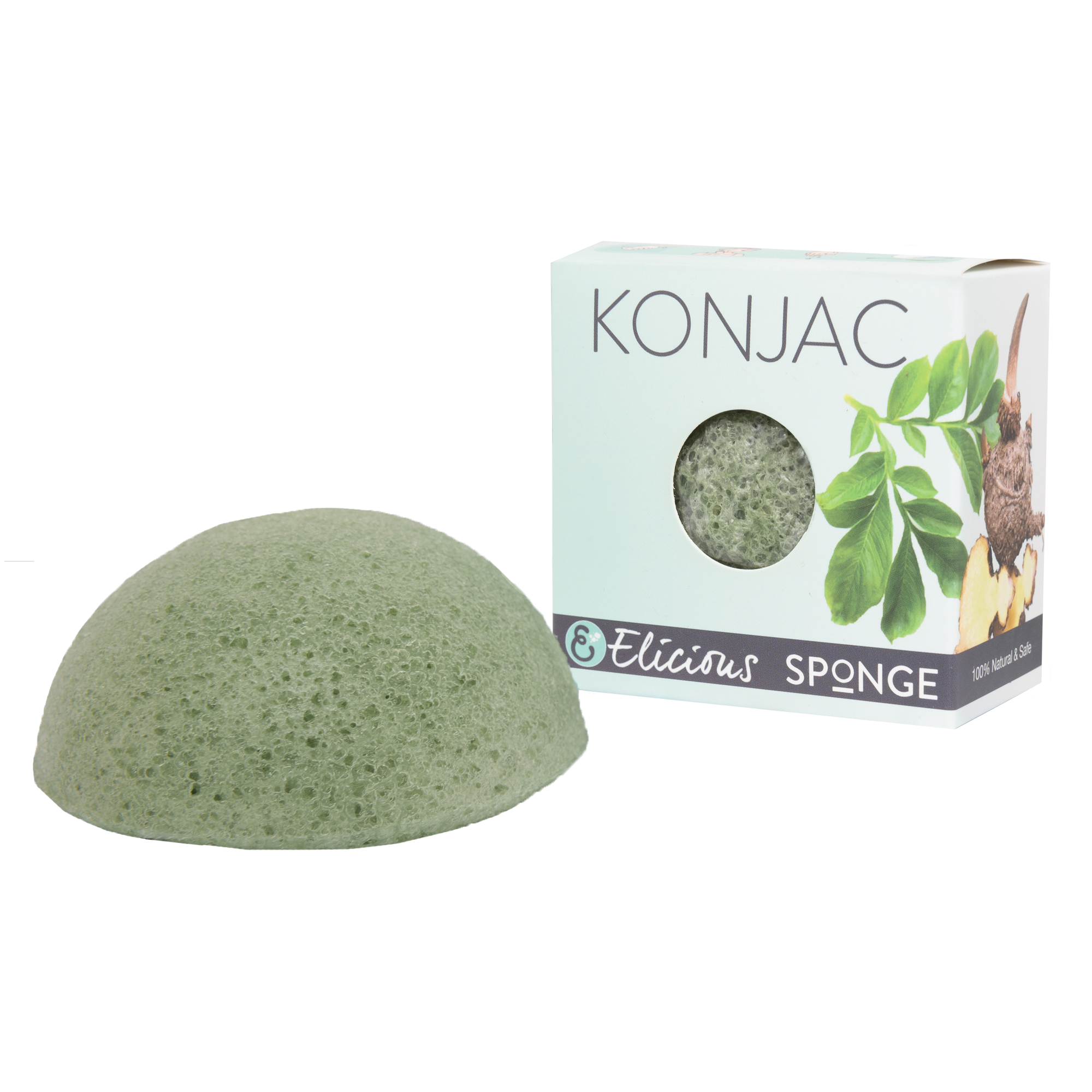 Konjac gezichtsspons groen van Elicious met groene thee naast doosje.