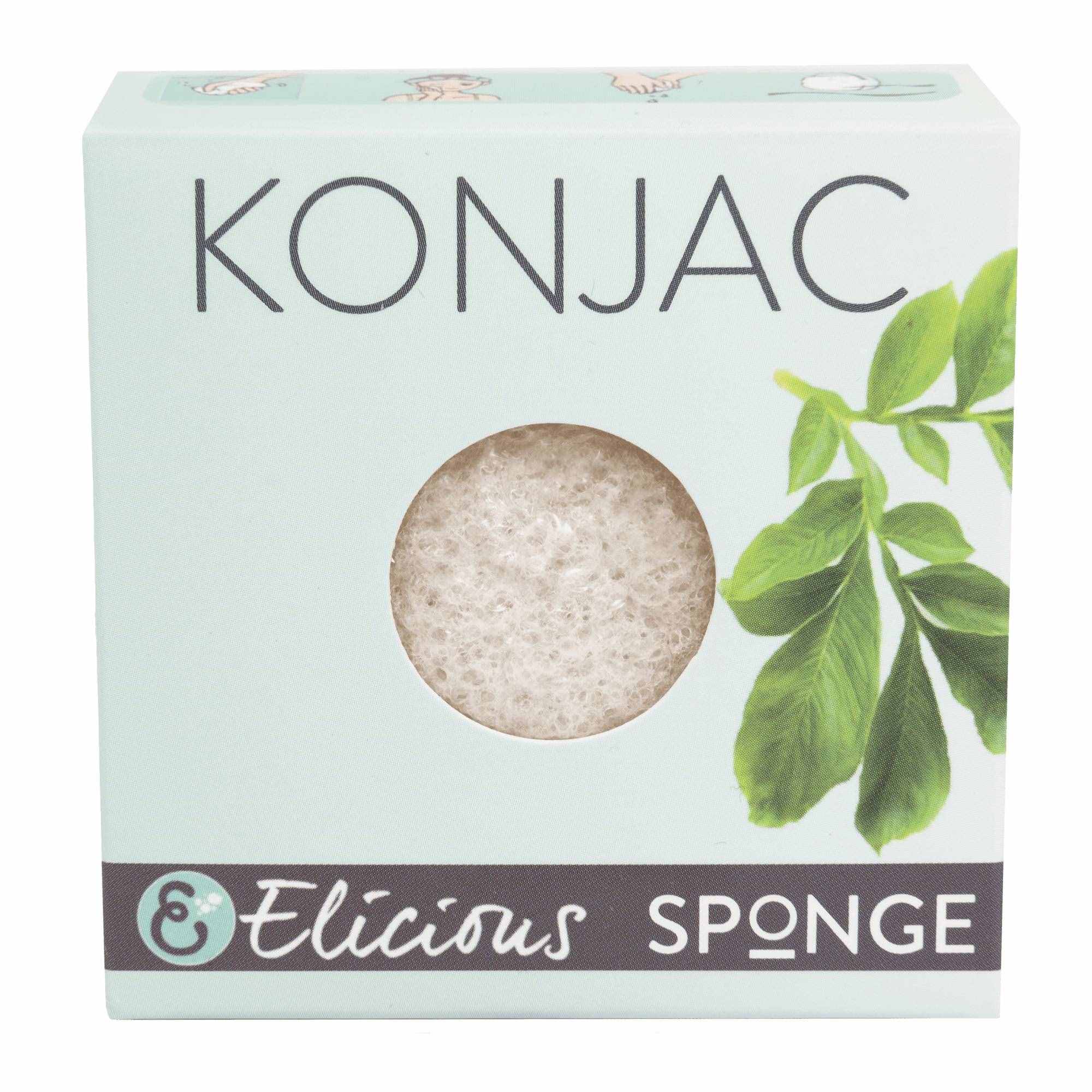 Konjac gezichtsspons wit van Elicious, puur zonder extra ingrediënten in doosje.