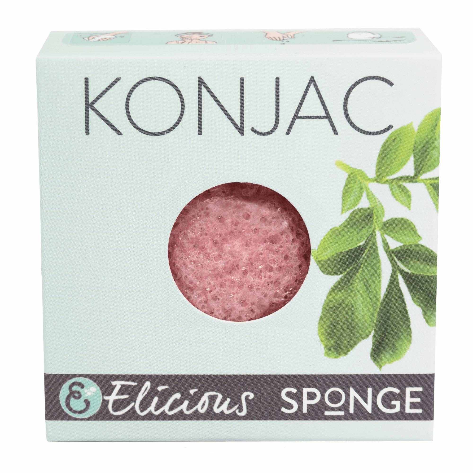 Konjac gezichtsspons roze met rozenextract van Elicious in doosje.