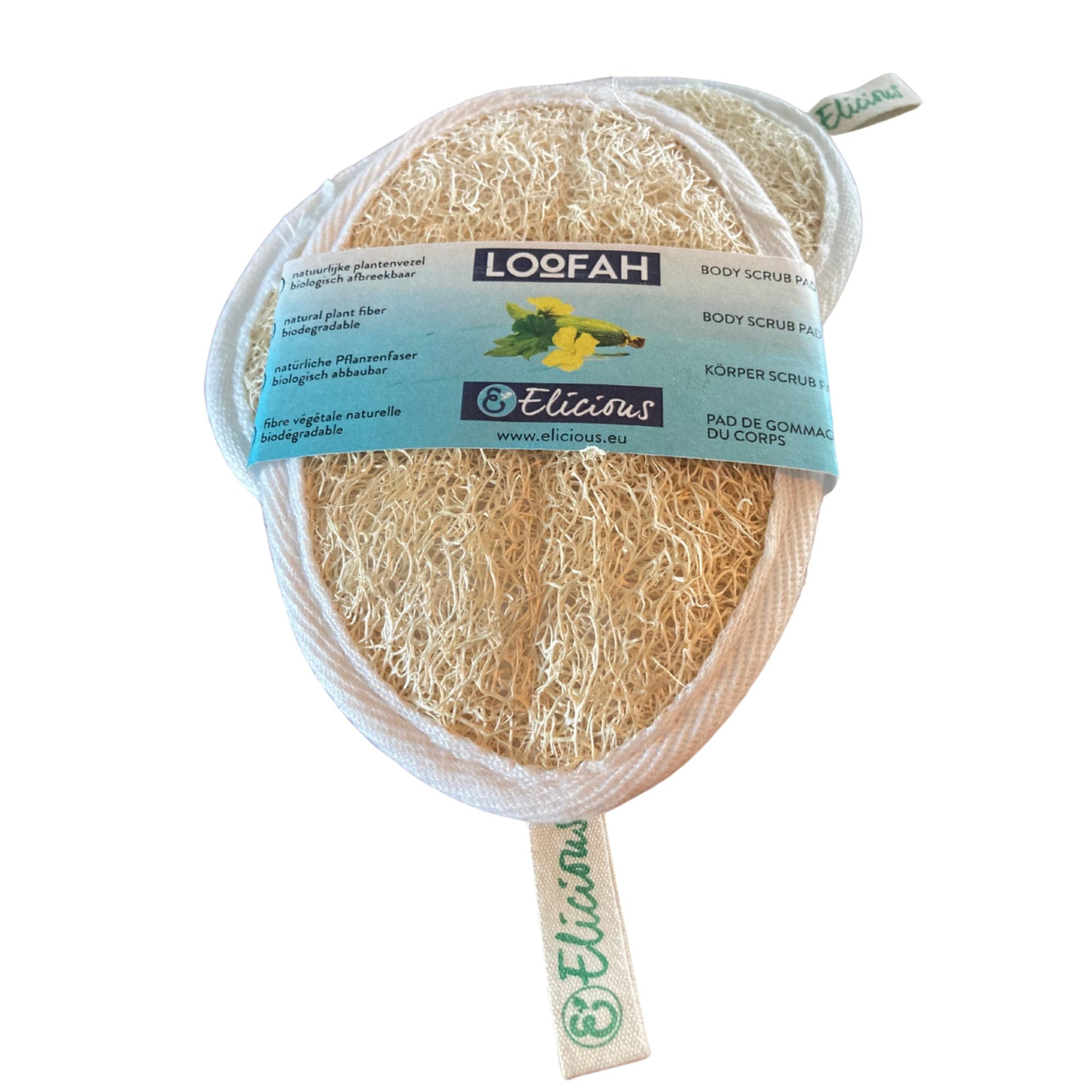 2 ovale, composteerbare loofah, body scrabpads met label.