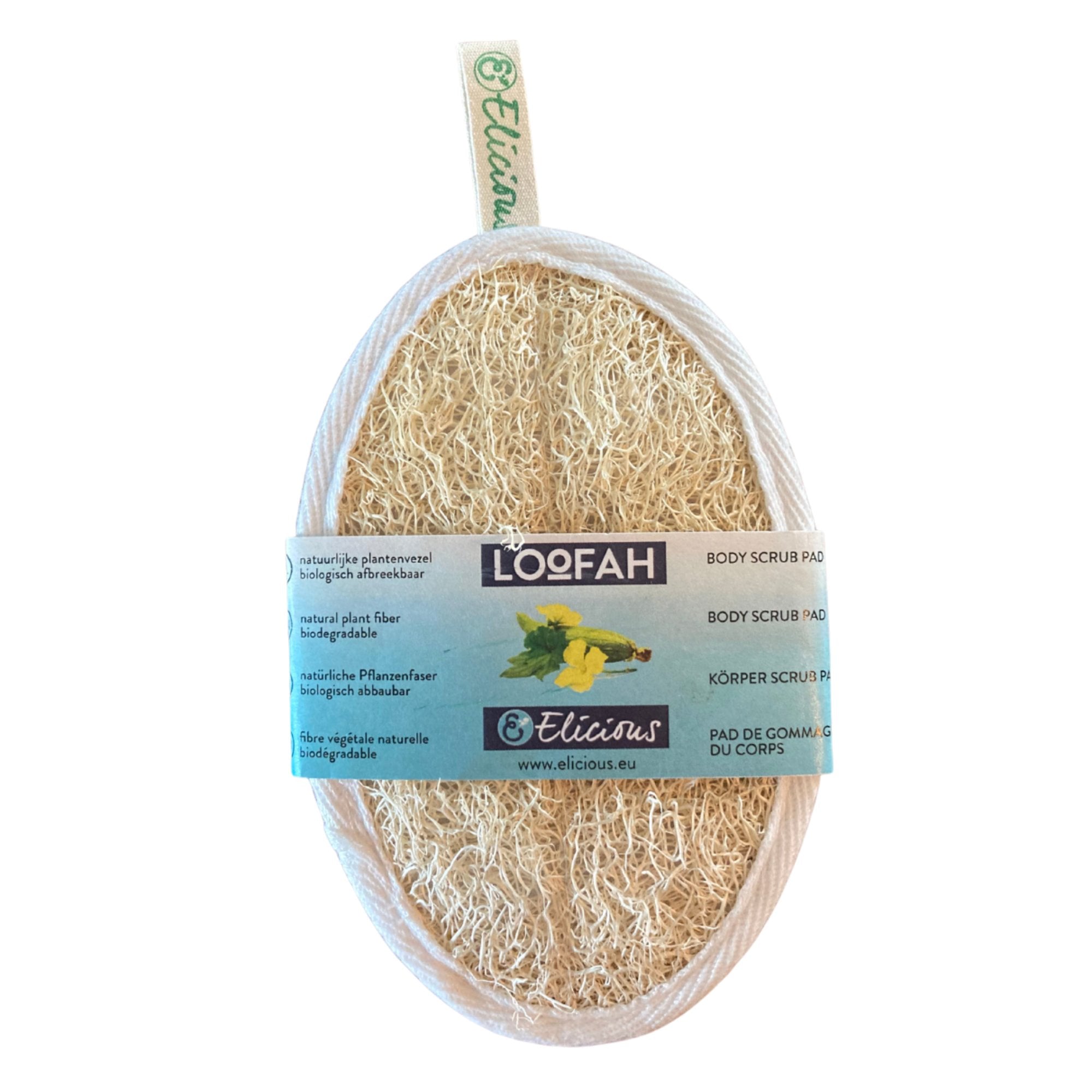 Vooraanzijde van een ovale, composteerbare loofah, body scrabpad. met label.