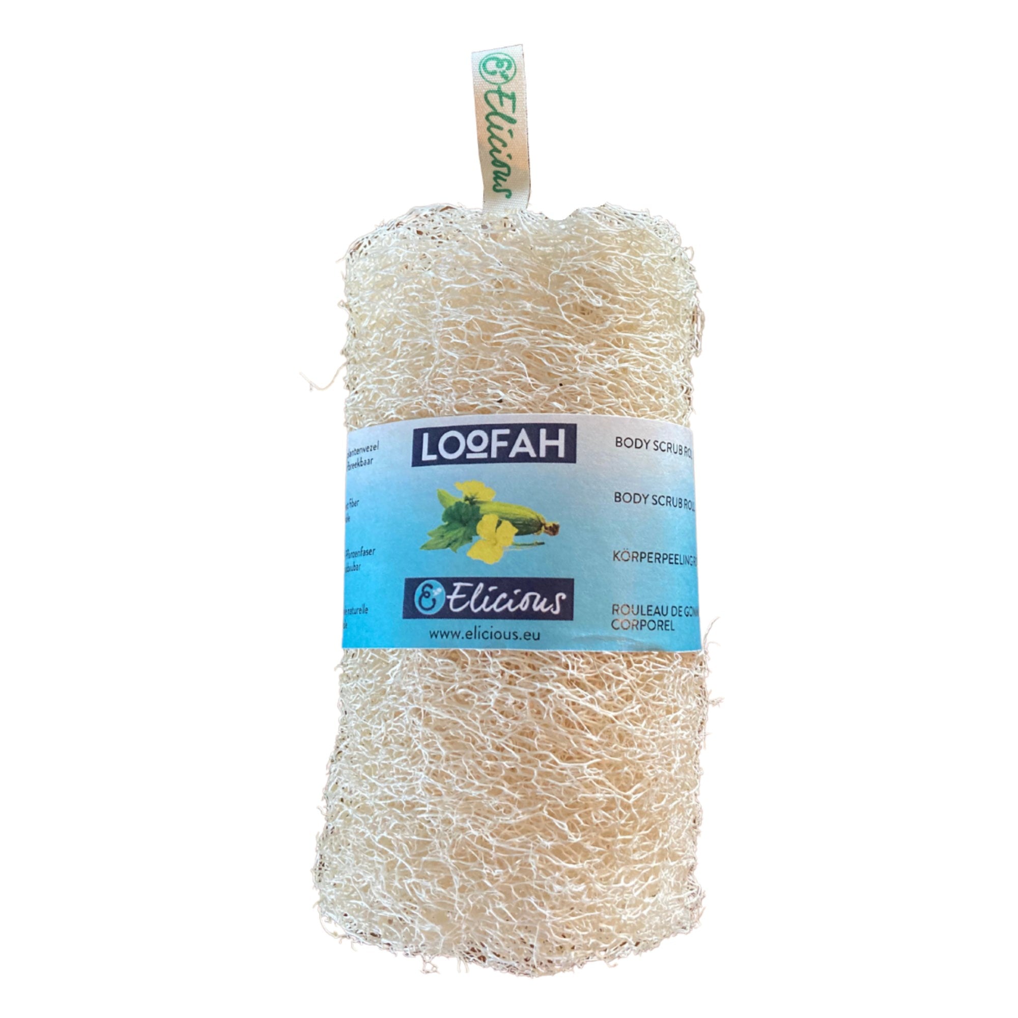 Composteerbare Loofah body scrub rol met label, geschikt als peelingrol voor een mooie, egale huid, maar ook erg geschikt om je voeten zacht en mooi te houden. Afmeting: +/- 10 x 14 cm .