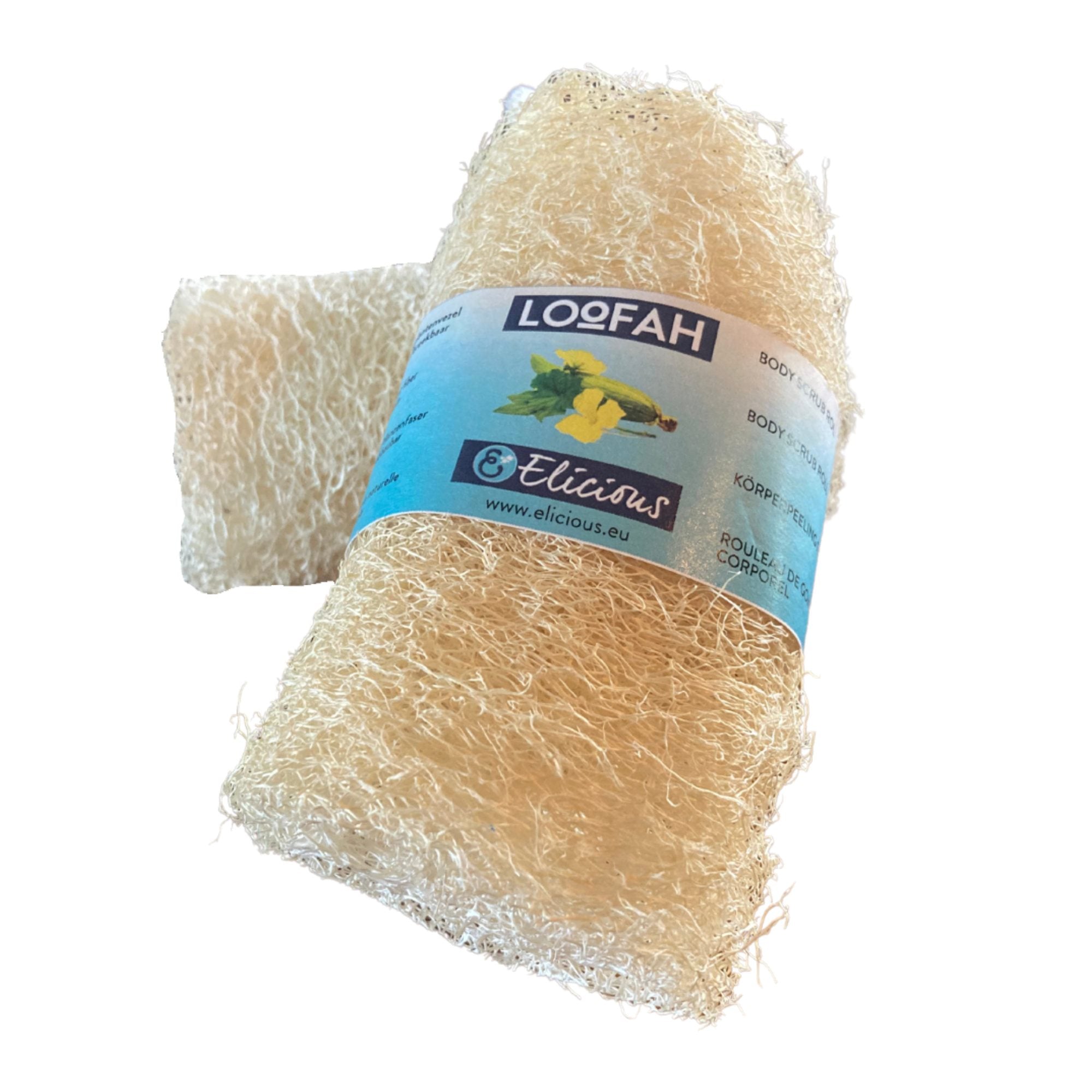 2 composteerbare Loofah body scrub rollen, geschikt als peelingrol voor een mooie, egale huid, maar ook erg geschikt om je voeten zacht en mooi te houden. Afmeting: +/- 10 x 14 cm .