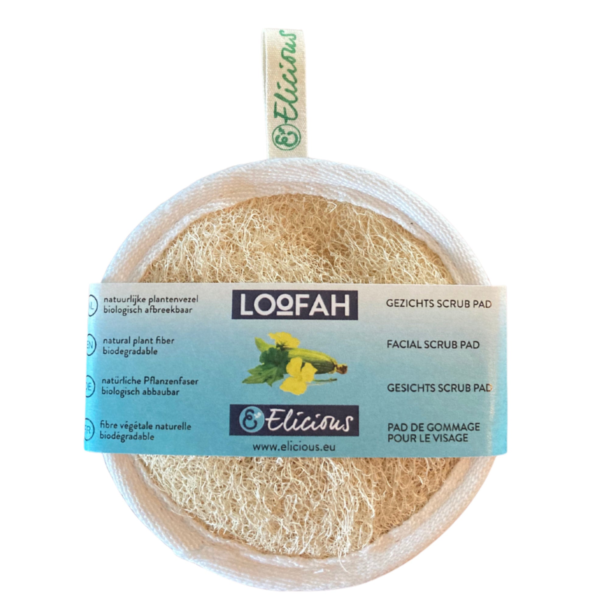 Composteerbare Loofah gezicht scrub pad met een zachte achterkant. Afmeting: +/- Ø 10 cm.