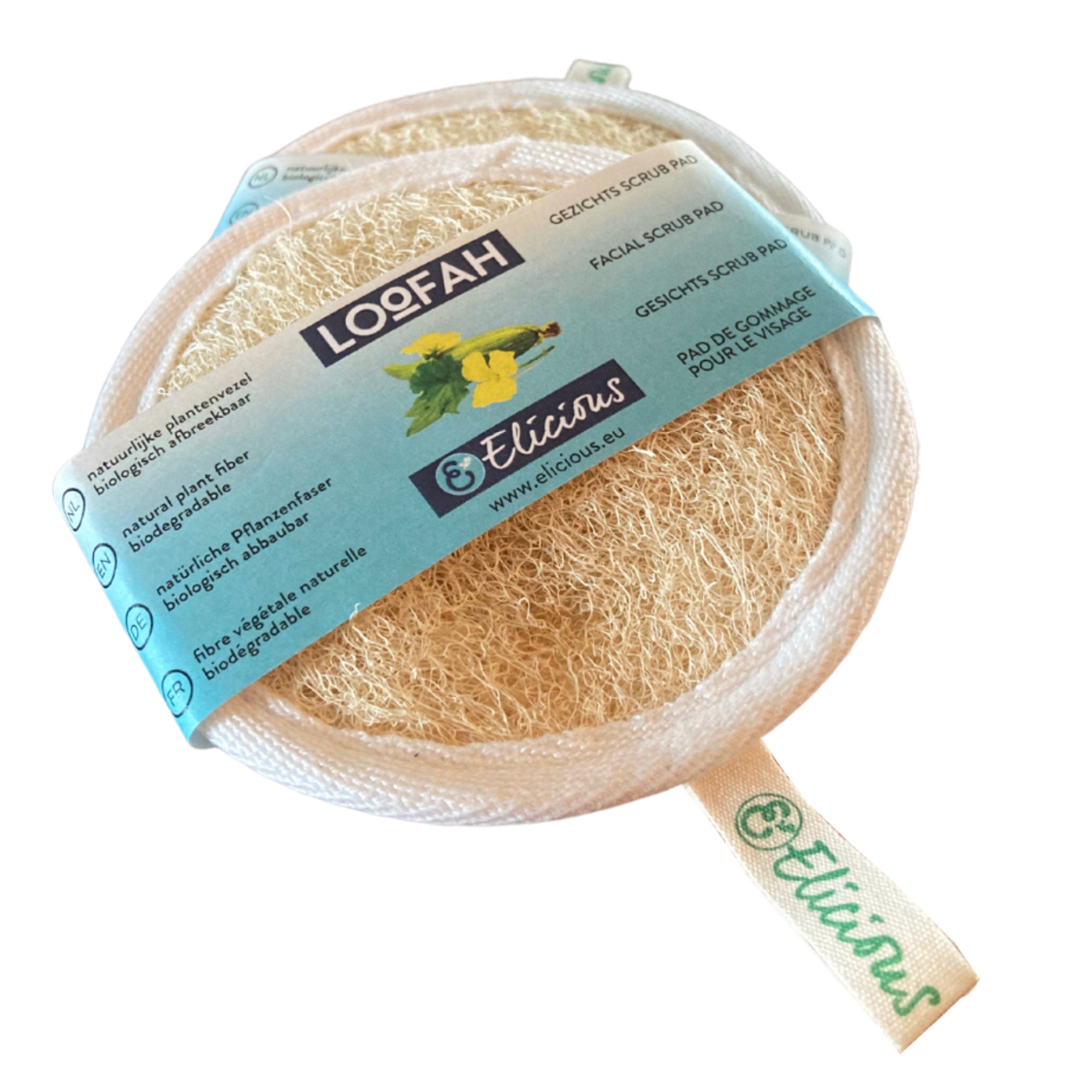 Composteerbare Loofah gezicht scrub pad met een zachte achterkant. Afmeting: +/- Ø 10 cm.