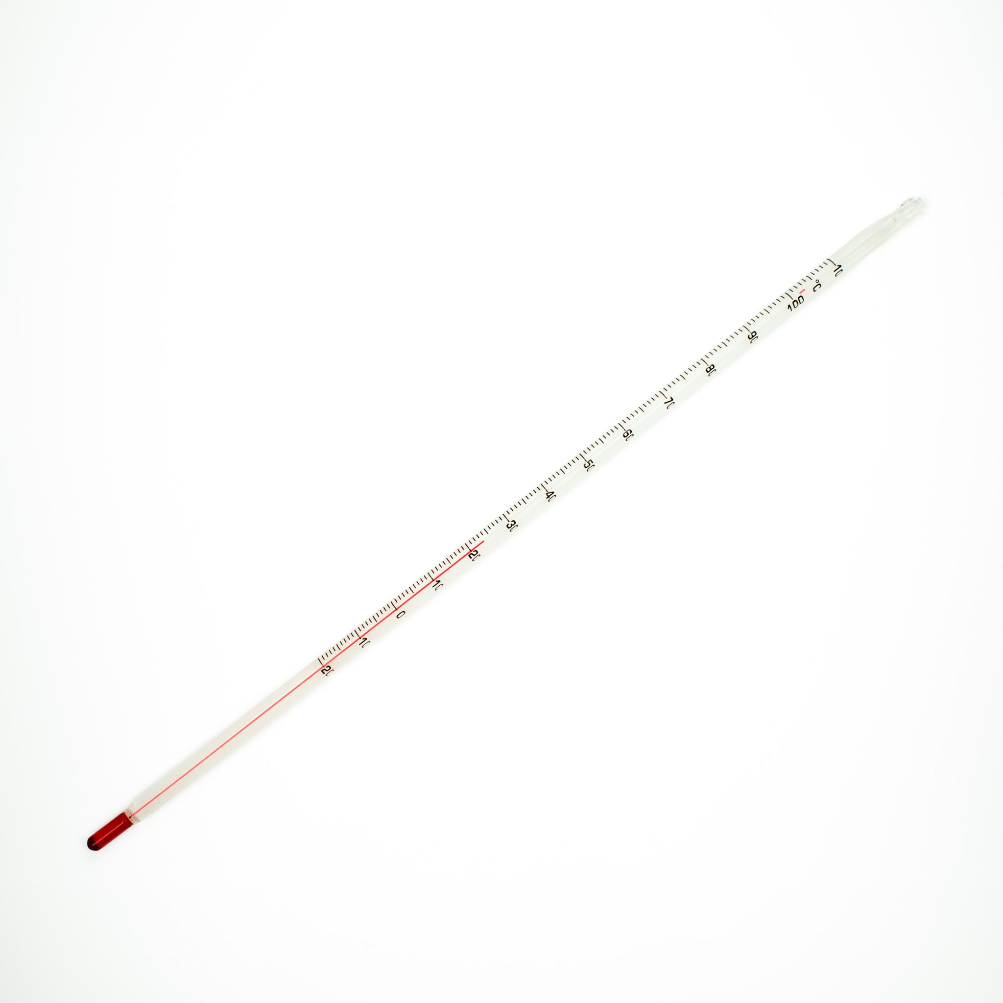 Glas thermometer gevuld met rode alcohol. Meetbereik van -20 tot 110 graden Celsius. Diameter 7 mm, lengte is 300 mm.