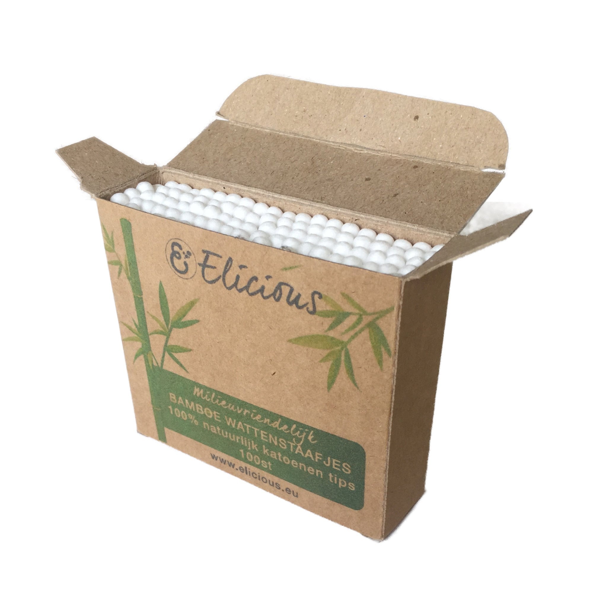 Plasticvrije bamboe wattenstaafjes gemaakt van duurzaam bamboe en biologische, ongebleekte katoen, in doosje.