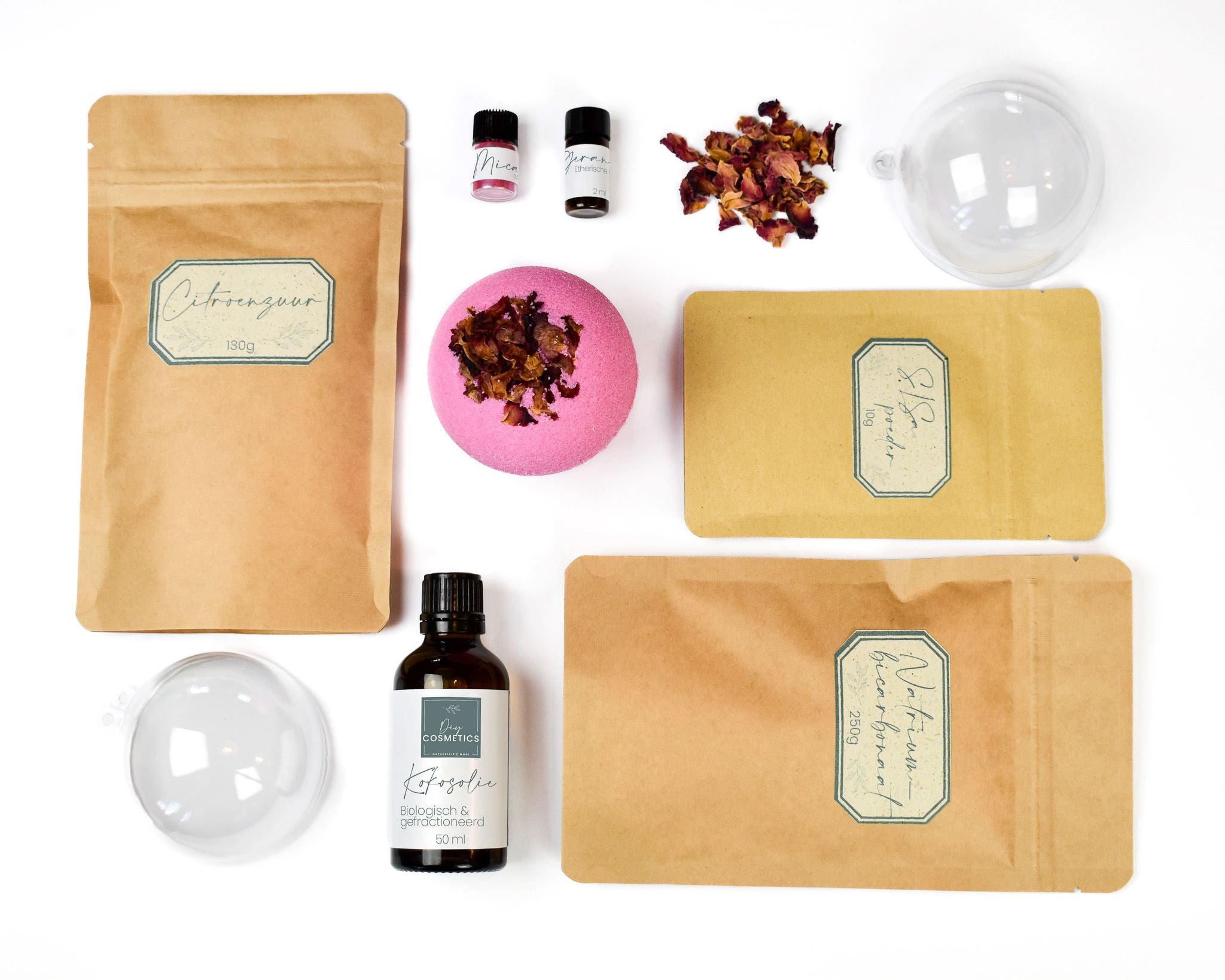 Flatlay van alle ingredienten van het DIY bruisballen pakket
