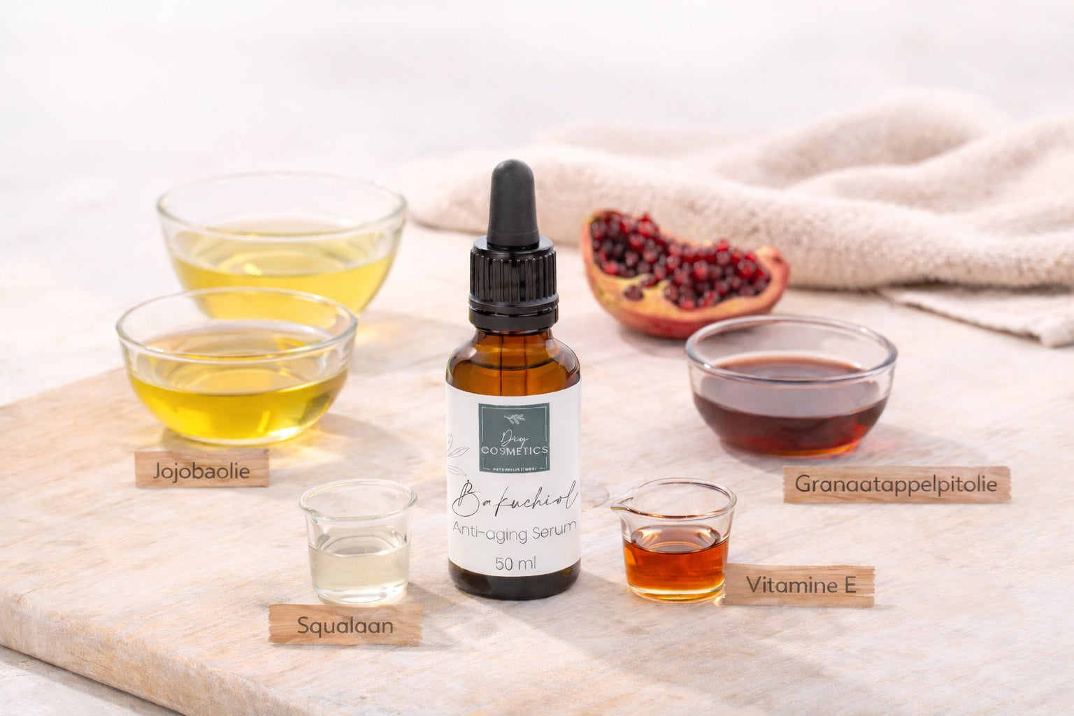 Flesje anti-aging met daaromheen de ingredienten.