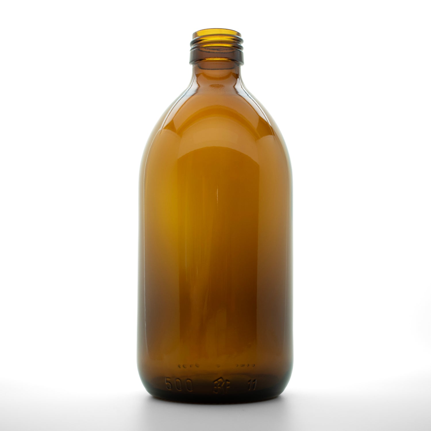 Amber glazen fles van 500 ml, zonder dop.