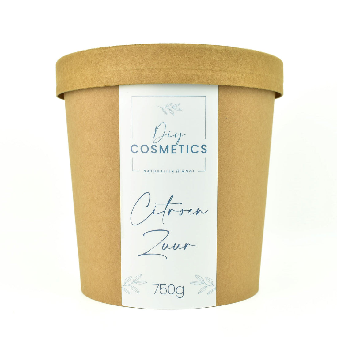 Kartonnen kraft beker, gevuld met 750 gram citroenzuur.