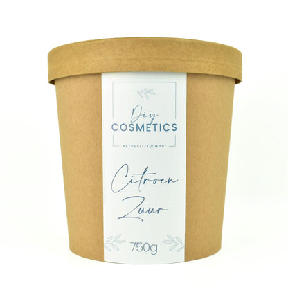 Kartonnen kraft beker, gevuld met 750 gram citroenzuur.