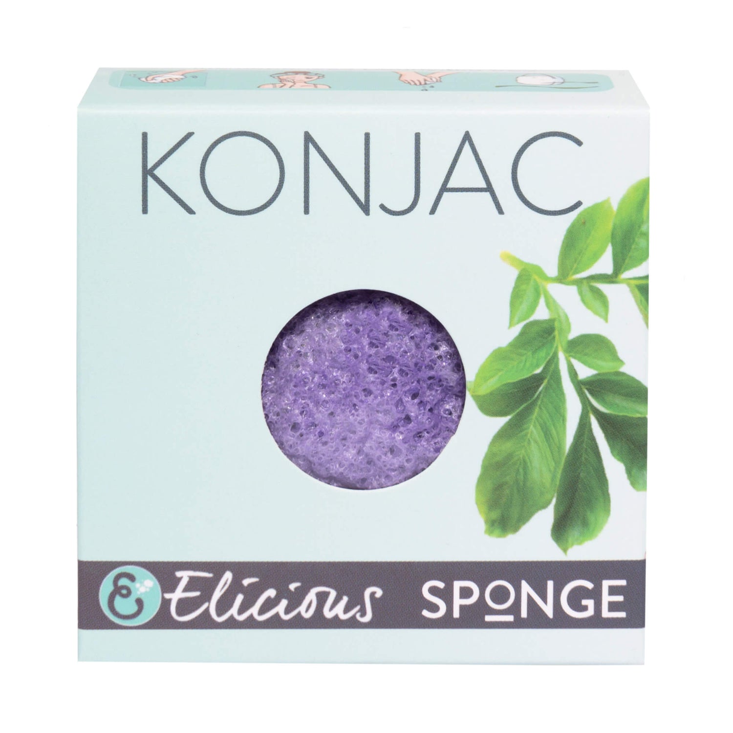 Paarse konjac gezichtsspons van Elicious lavendel  in doosje.