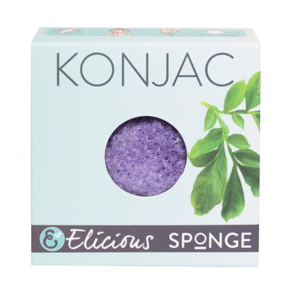 Paarse konjac gezichtsspons van Elicious lavendel  in doosje.