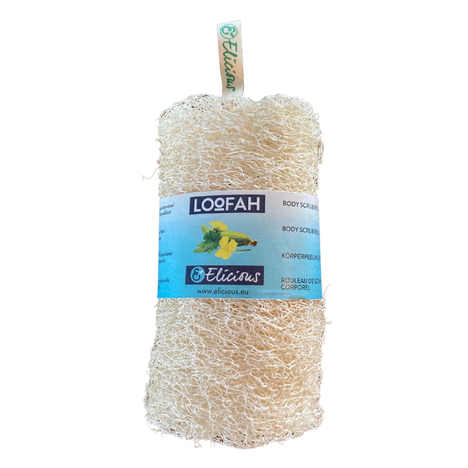 Composteerbare Loofah body scrub rol met label, geschikt als peelingrol voor een mooie, egale huid, maar ook erg geschikt om je voeten zacht en mooi te houden. Afmeting: +/- 10 x 14 cm .