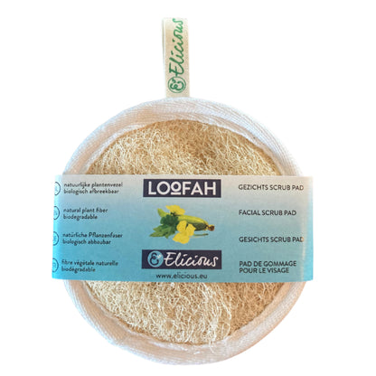 Composteerbare Loofah gezicht scrub pad met een zachte achterkant. Afmeting: +/- Ø 10 cm.