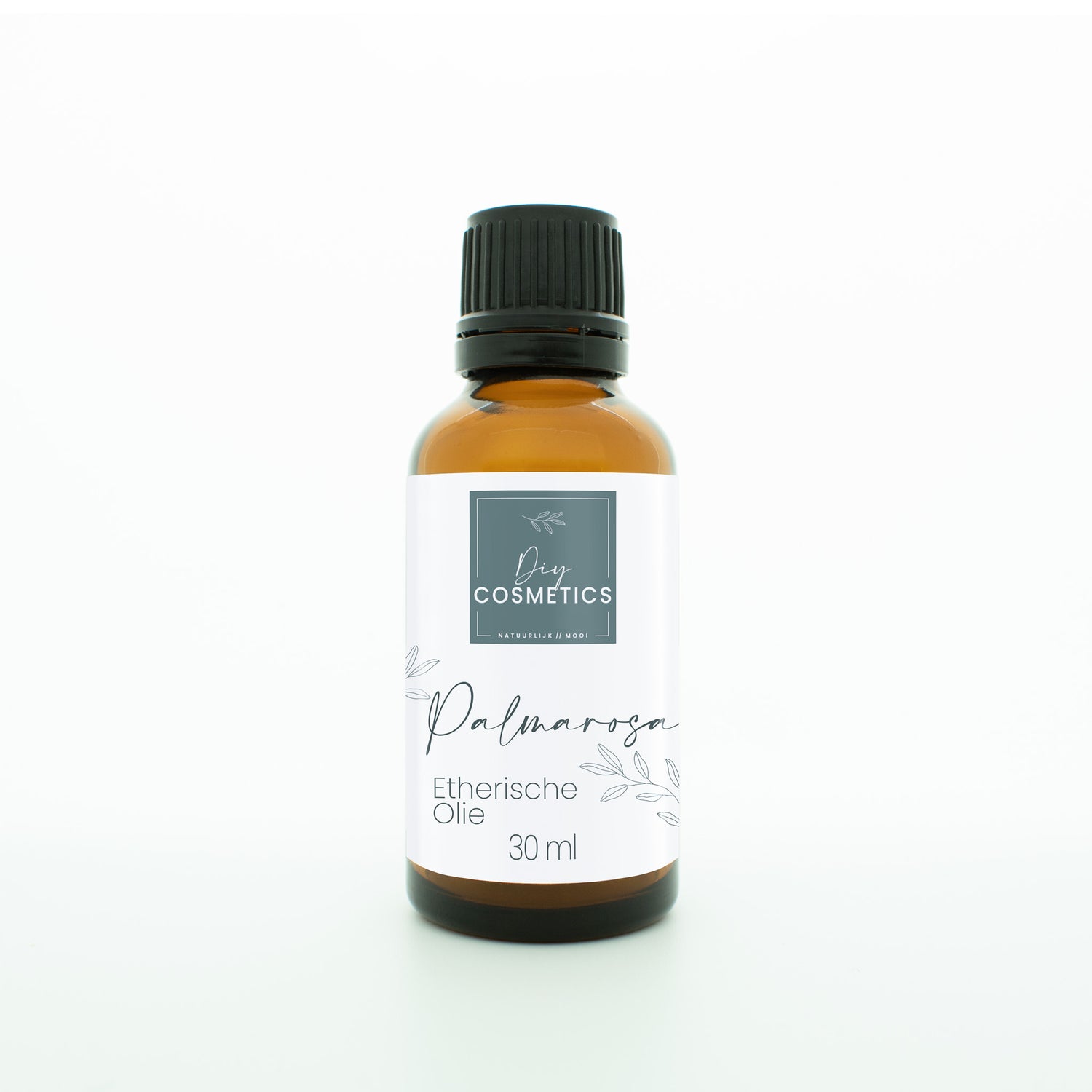 Amber kleurig glazen flesje van 30 ml met zwarte dop. Gevuld met biologische Palmarosa etherische olie.