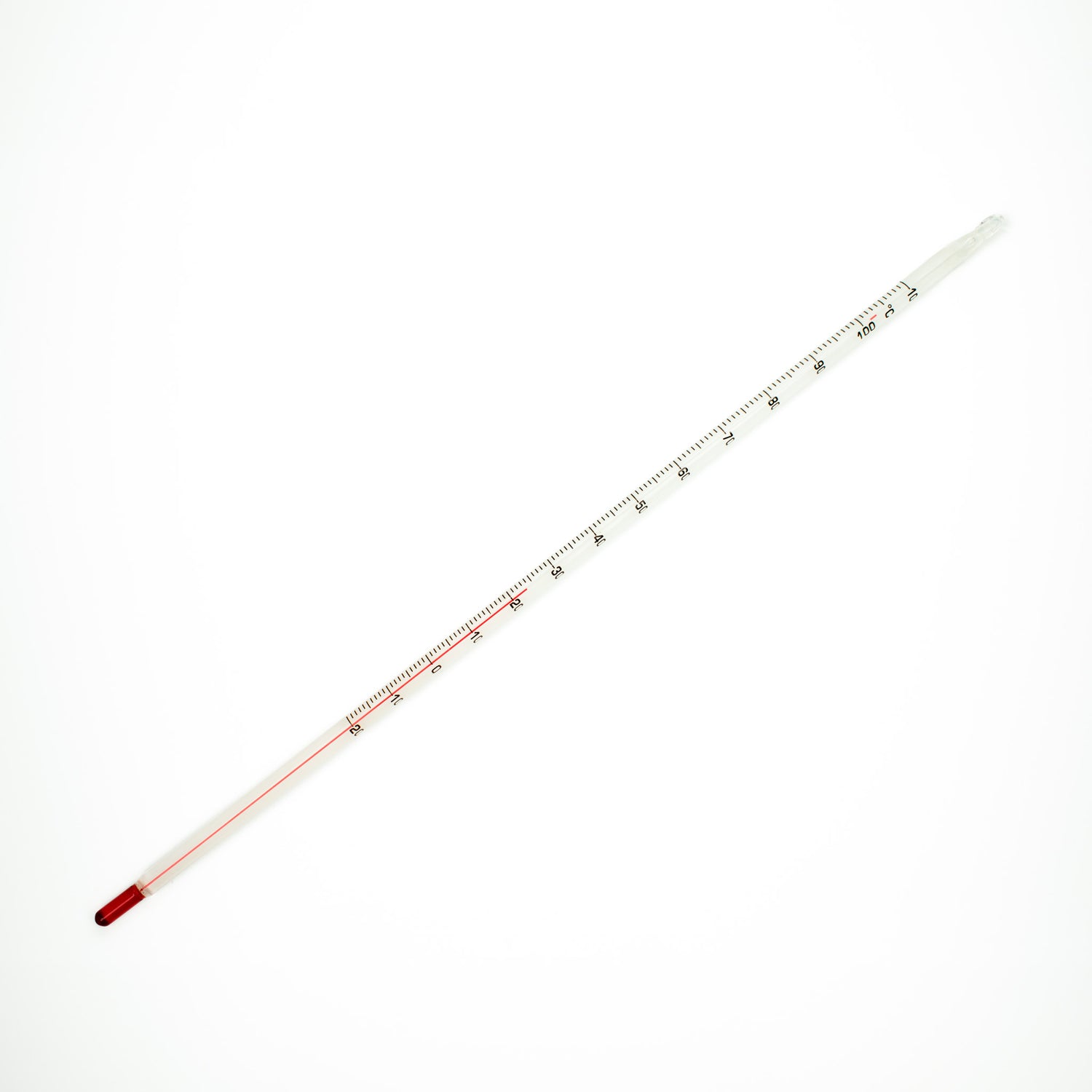 Glas thermometer gevuld met rode alcohol. Meetbereik van -10 tot 110 graden Celsius. Diameter 7 mm, lengte is 300 mm.