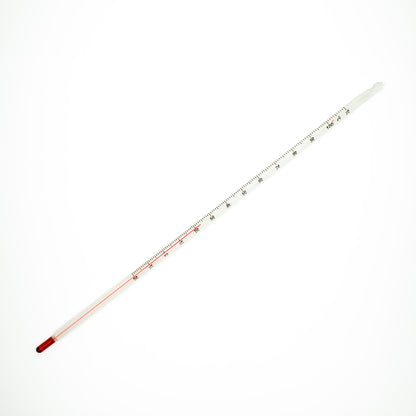 Glas thermometer gevuld met rode alcohol. Meetbereik van -10 tot 110 graden Celsius. Diameter 7 mm, lengte is 300 mm.