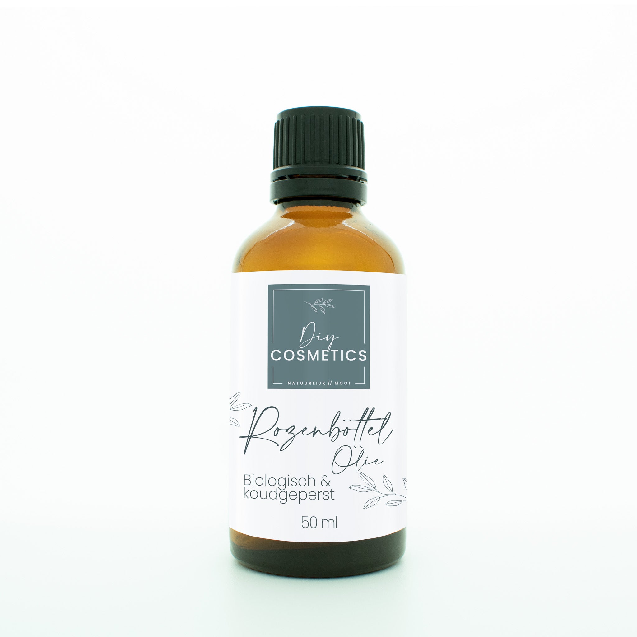 Amberkleurige fles van 50 ml met zwarte dop, gevuld met biologische, koud geperste Rozenbottel olie